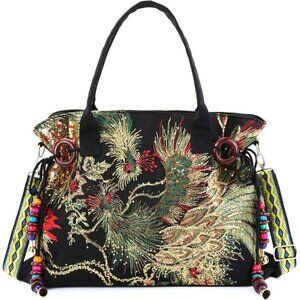 ✨Jursccu Women Black Tote Bags Embroidery Handbags Stylish Casual Shoulder Bags
